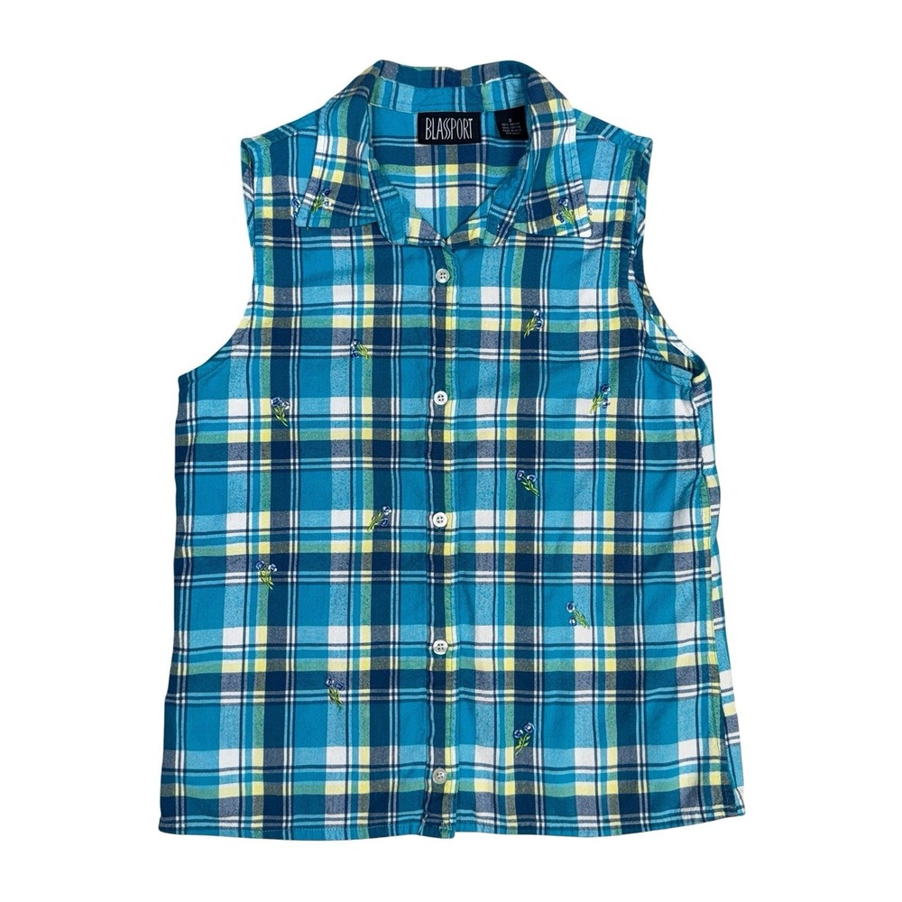 VTG Blassport Plaid Sleeveless Button Front Blouse Womens S Blue Embroidered Top